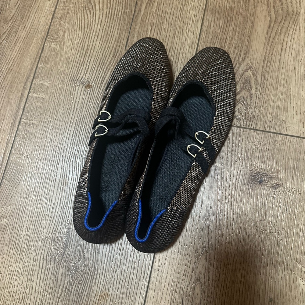 Rothy's Black and Brown Flats with Blue Trim